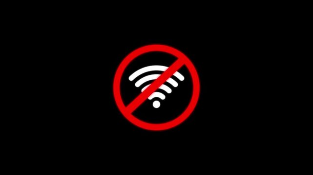 Red prohibition circle with a diagonal line over a white wifi signal on a black background representing no internet connection status