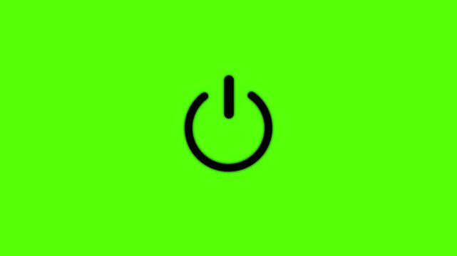 Simple black power button centered on a vibrant green screen background for chroma key editing and digital interface applications