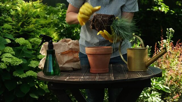 Gardening, summer season. Female gardener replanting plant into ceramic flower pot in backyard garden.