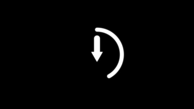 White arrow pointing downwards with a curved loading arc on a solid black background representing a download process or file transfer action