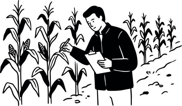 Farmer inspecting corn plants in a field with clipboard