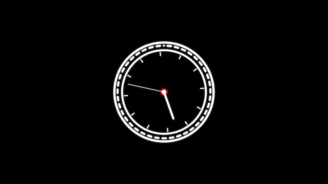 Minimalist black clock with a glowing red center point isolated on a dark black background for digital time and countdown interface