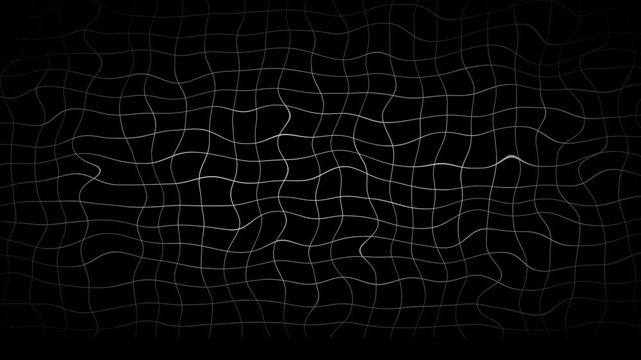 A distorted and wavy white grid pattern on a solid black background creating a dynamic liquid motion effect for abstract visual digital