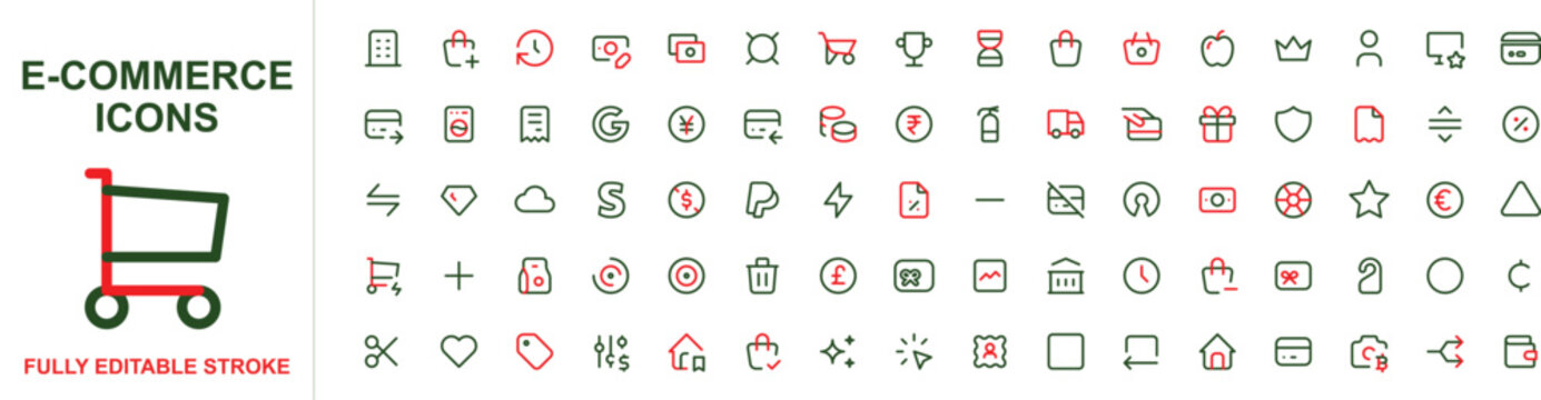 E-commerce shopping icons set with cart payment symbols and retail elements for web