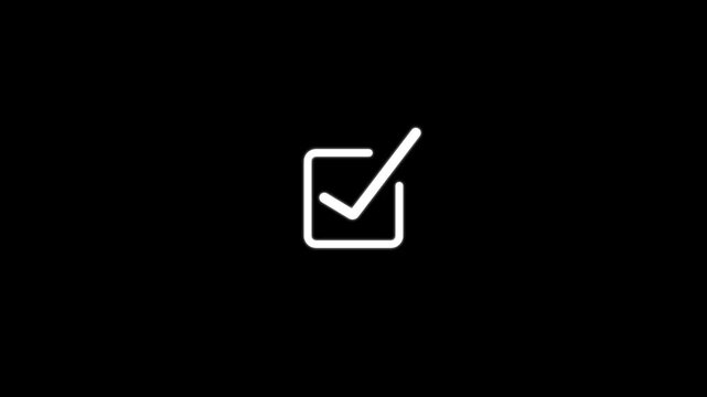 A simple white checkmark inside a square frame centered on a solid black background representing a task completion or a correct selection choice
