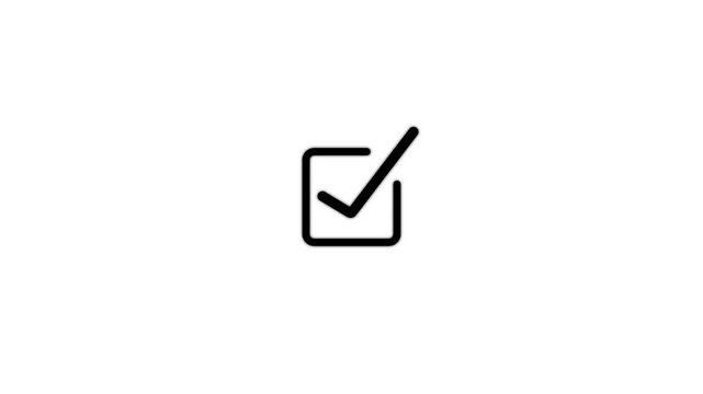 A black square with a check mark inside centered on a plain white background representing a completed task or a verified selection status