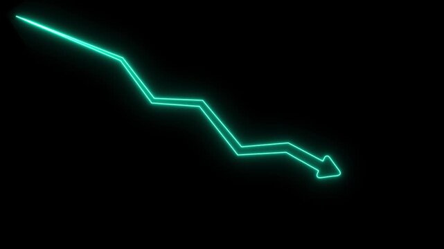 Glowing cyan neon line chart arrow pointing downwards indicating financial loss or market decline on a solid black background for business analysis