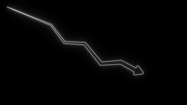 Minimalist white neon line chart arrow pointing downwards representing financial loss or market decline on a solid black background for data analysis