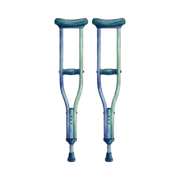 Watercolor illustration of pair of medical crutches