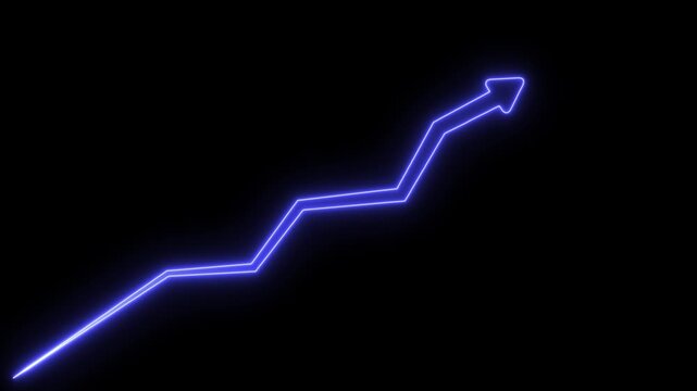 Glowing blue neon arrow pointing upwards indicating financial growth and business success on a dark background for digital marketing and data analysis