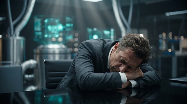 Frustrated businessman resting head on desk in office, feeling exhausted and defeated after a long day of work, reflecting on failure and stress