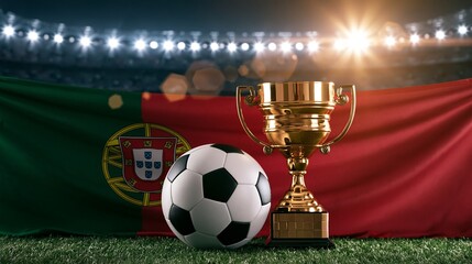 Obraz premium Portuguese flag waving behind a gleaming golden award and a traditional soccer ball on an illuminated stadium pitch