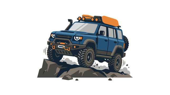 Blue off-road suv parked on large mountain boulders.