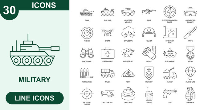 Military, Outline Vector Icons. Editable Stroke Icons Set. tank, ship war, armored vehicle, rifle, electromagnetic pulse, augmented reality, radar, drone, explosive, helmet and more.