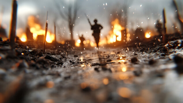 Silhouetted soldiers run through a rain-swept battlefield engulfed in fire and explosions, depicting the chaos of war