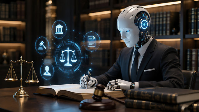Futuristic AI legal assistant working in a professional law office while analyzing legal documents and justice related information. The humanoid robot is surrounded by digital legal icons