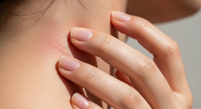 Woman scratching her neck due to an allergic reaction or insect bite, close-up of irritated skin.
