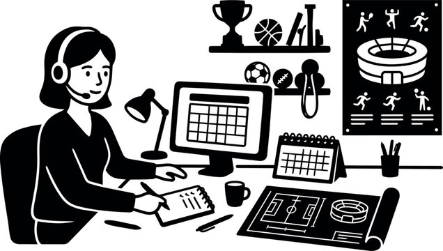 Sports event coordinator planning schedule at desk with sports equipment and tactics charts