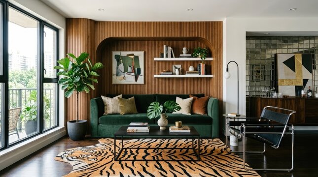 Modern den with green velvet sofa and tiger rug.
