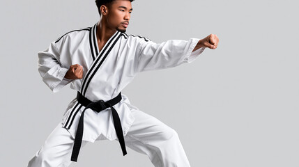 Naklejka premium Isolated taekwondo player in black belt fighting stance on transparent background, martial arts concept, combat sports photography, clean background, with copy space