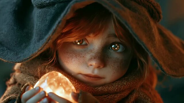 Europe medieval lifestyle. A closeup portrait of a young girl with striking amber eyes and freckles. She wears a dark, textured hat and a rustcolored scarf wrapped around her neck.