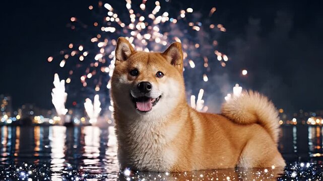 Happy Shiba Inu Dog Enjoying Fireworks Display Reflected in Water - A happy Shiba Inu dog stands in shallow water with a city skyline and a vibrant fireworks display in the background.