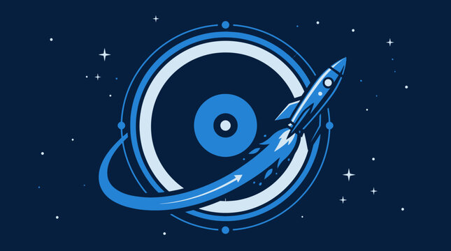 A stylized rocket ship flying around a circular planet in deep space