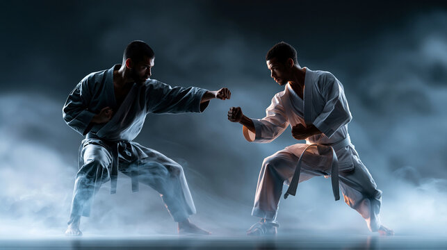 Two martial arts masters in dramatic fighting pose on dark smoke background, combat sports concept, martial arts photography, blurred dark background, with copy space