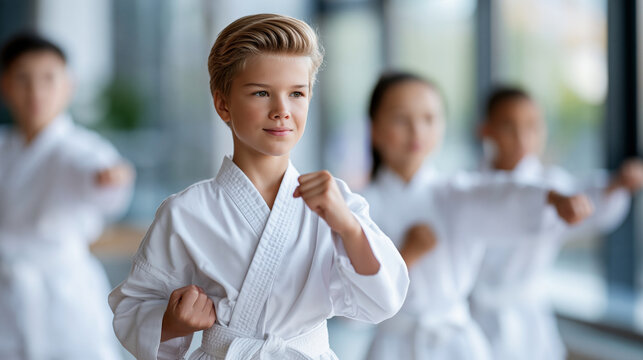 Group of kids training karate in professional studio setting, youth martial arts concept, children combat sports photography, blurred studio background, with copy space