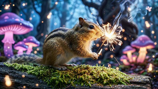 Magical Chipmunk With Sparkler In Enchanted Forest - A cute chipmunk holds a sparkler, illuminating the mystical forest with its bright lights.