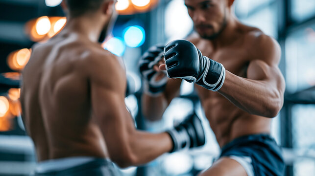 Two faceless shirtless male MMA fighters training in ring practicing kicks and punches, sparring session concept, mixed martial arts photography, blurred ring background, with