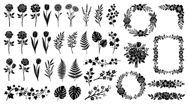 Floral ornament collection featuring black silhouettes of flowers leaves wreaths frames and borders isolated on white background vector illustration