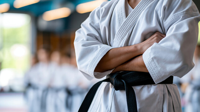 Faceless karate master in white kimono with black belt standing before formation of students in gym, martial arts school concept, karate photography, blurred training hall