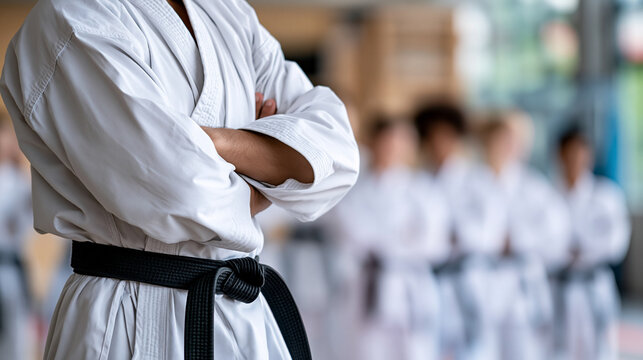 Faceless karate master in white kimono with black belt standing before formation of students in gym, martial arts school concept, karate photography, blurred training hall