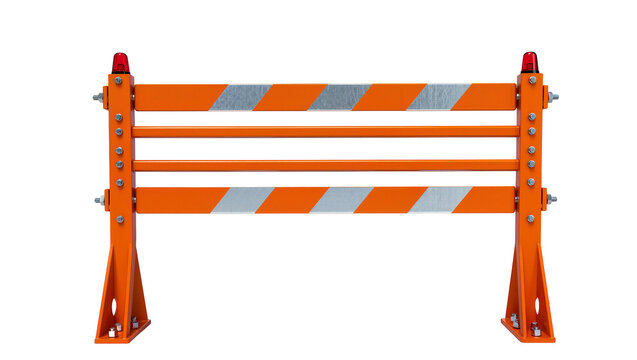 Orange construction barrier with reflective stripes and red warning light