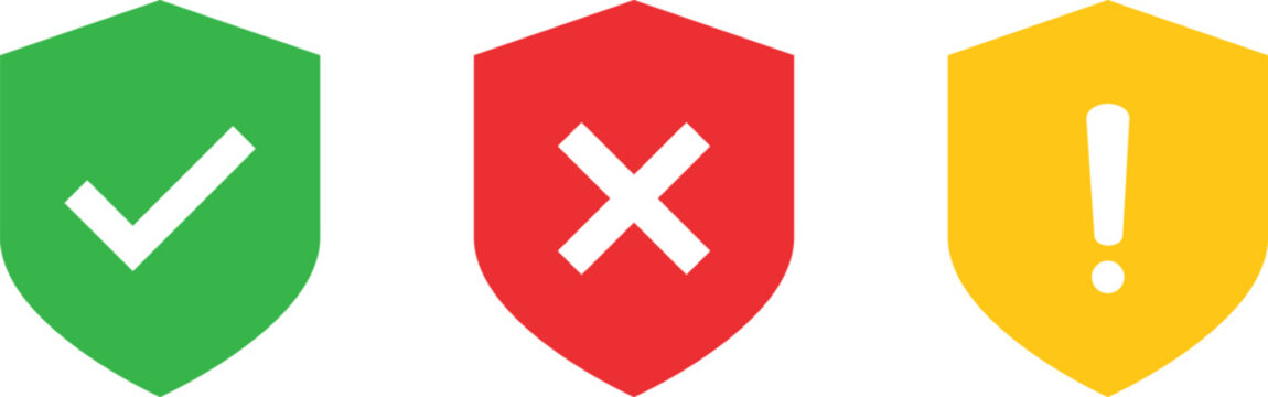 Shield Icon with check and cross marks and exclamation marks icon set. status symbols for success. safety protection and danger warnings