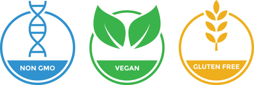 organic food packaging labels. Vegan, Non GMO, Gluten Free icons. healthy diet symbols. natural product certification design