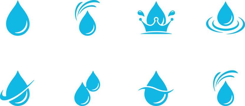 Blue water drop splash flat icon set
