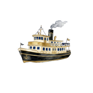 Watercolor illustration of a vintage steam ship