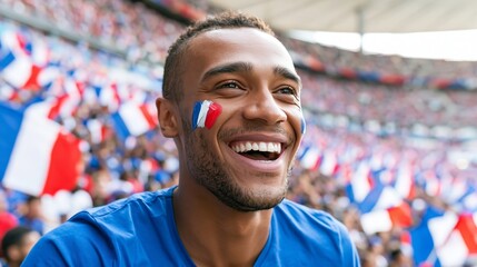 Obraz premium Happy French football supporter cheering and watching a match, expressing national pride and excitement in a stadium crowd