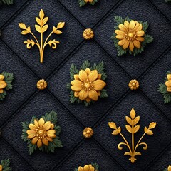 Fototapeta premium Elegant Black Leather Quilted Pattern with Golden Floral Embellishments Seamless Texture