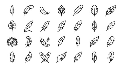 Feather line icons set with decorative bird plumage quill ink pen wings and peacock symbols isolated on white background vector illustration © MdSabbir