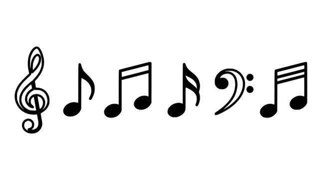 Musical Symbols on White Background Including Treble Clef, Quarter Notes, Eighth Notes, and a Double Flat