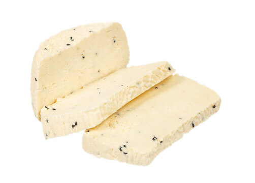 Soft artisan cheese with black cumin seeds, whole piece and sliced portions isolated background. Traditional dairy product with natural texture, ideal for gourmet food, healthy eating and cul