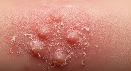 Fototapeta premium Close-up of skin rash with blisters and peeling skin, indicating a dermatological condition.