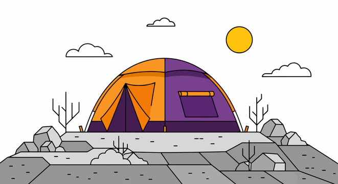 Vibrant camping tent set up in a minimalist outdoor landscape.