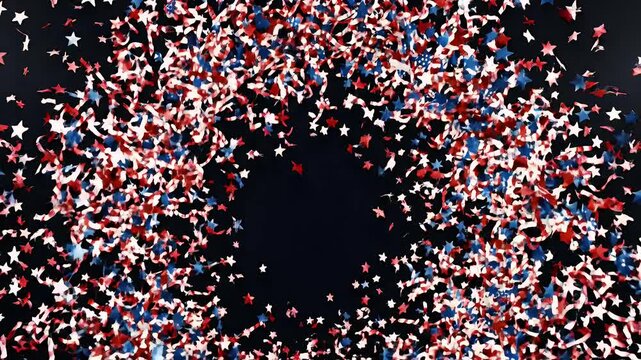 Patriotic Confetti Explosion with Empty Center - A festive explosion of red, white, and blue confetti, shaped like stars and streamers, creates a vibrant border around a dark, empty center.