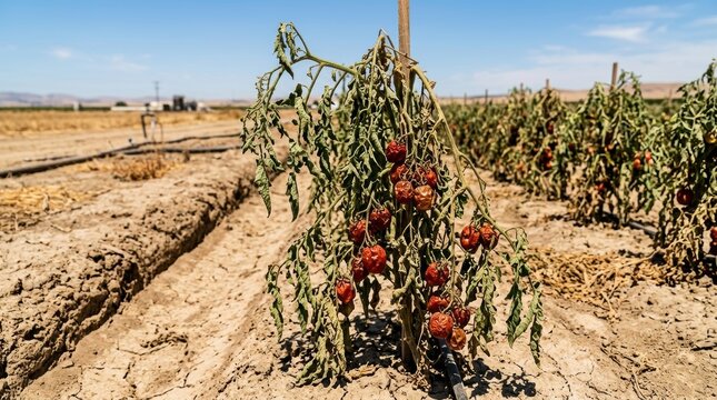 Wilted Tomato Plant in a Dry Agricultural Field.