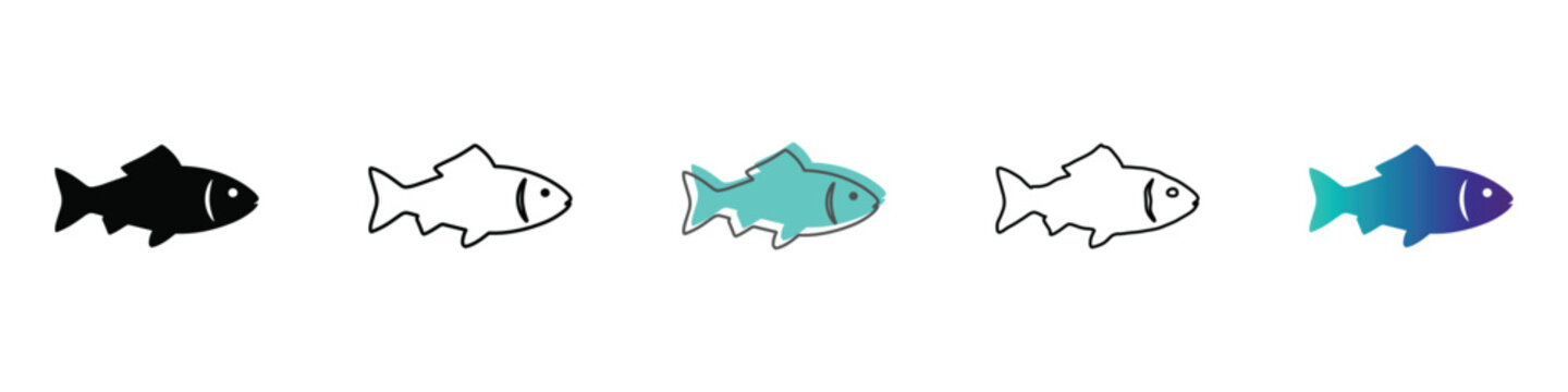 A set of five distinct fish symbols, including solid black, outline, teal, and gradient styles, presented side-by-side on a white background