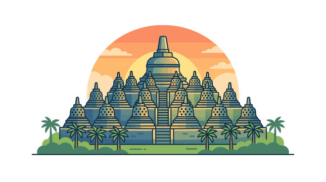 Borobudur temple sunset illustration in Indonesia.